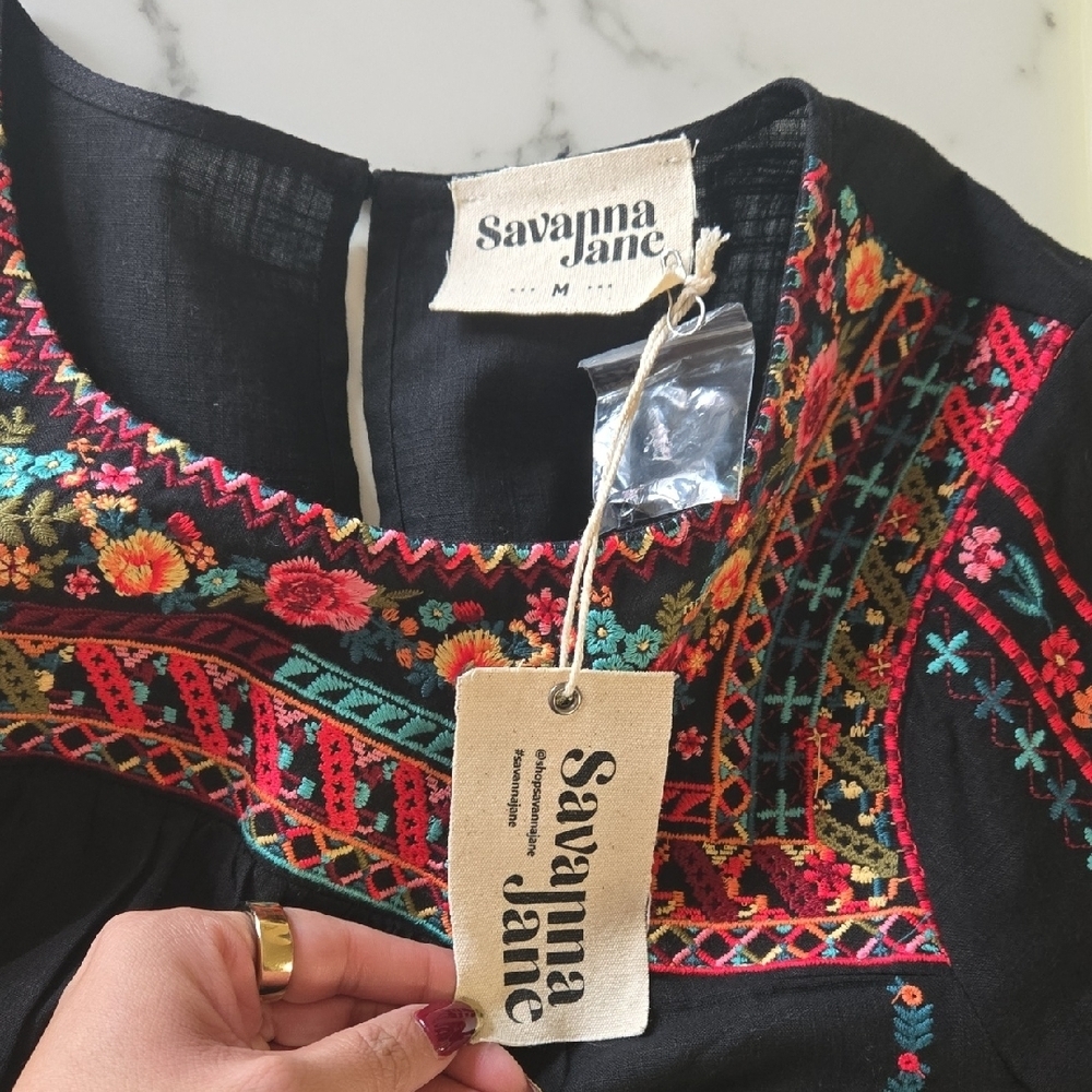 NWT Savanna Jane Embroidered Top Medium, 100% Cotton Boho Stitching Artisan - Picture 5 of 7